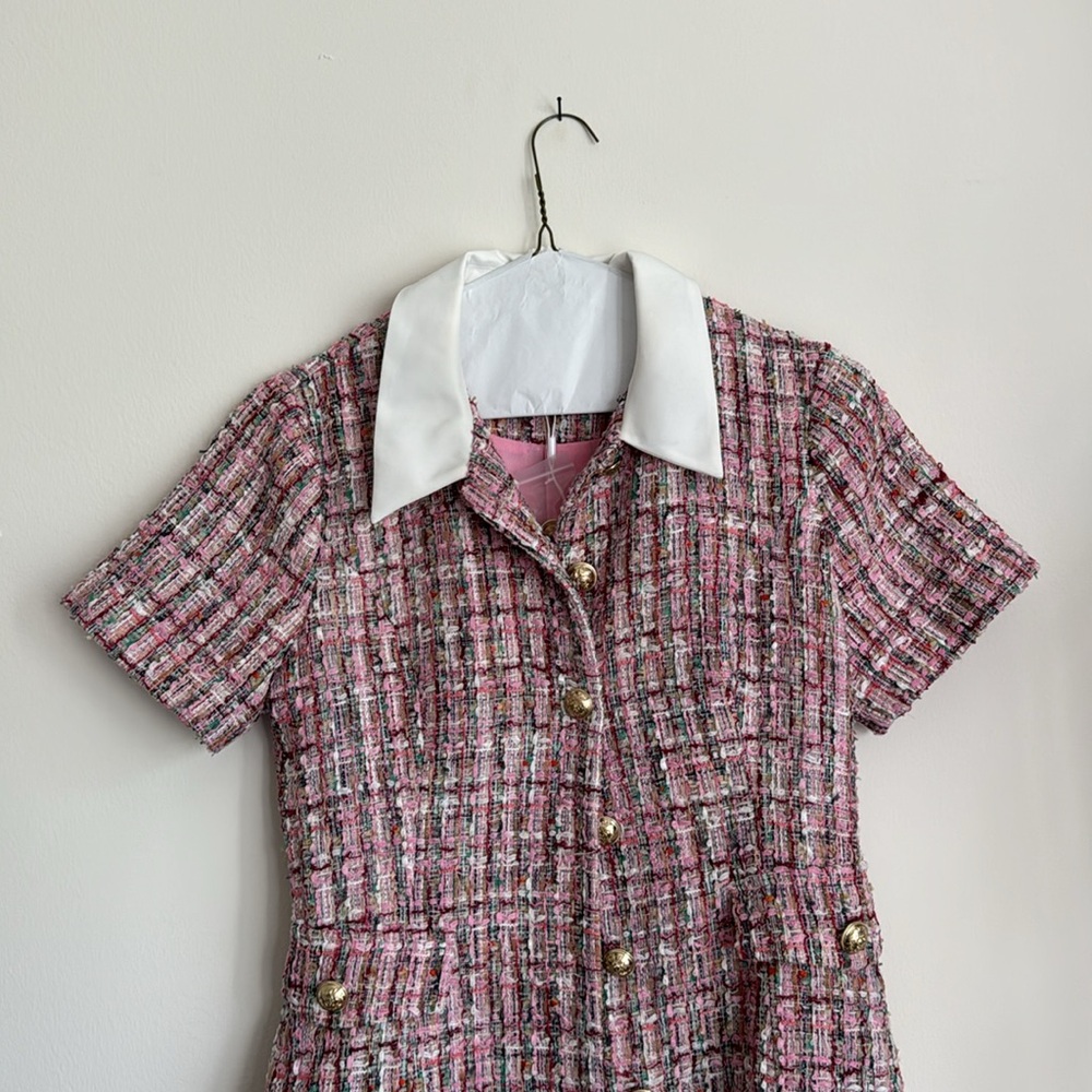 Endless Rose Pink Multi Tweed Collared Short Sleeve Dress - Picture 5 of 9